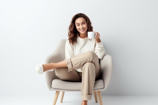 Ein glücklicher Moment Junge Dame, die Komfort in Gelegenheitskleidung umarmt und sich an ihrer warmen Tasse Kaffee erfreut