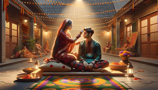 Ein glücklicher Moment zwischen einem Bruder und einer Schwester während des indischen Bhai Dooj Festivals