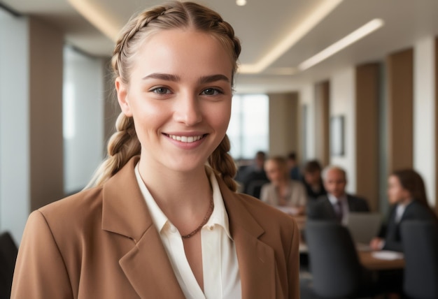 Ein glücklicher Profi steht in einem modernen Büro und stellt ihr geflochtenes Haar und ein beige blazer Projekt ein