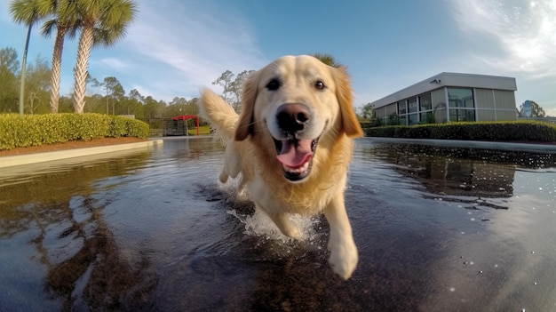 Ein glücklicher, spielerischer Hund, der sich im Stadtpark amüsiert, ein Welpe, der in der Brunnen spielt, auf der Fische-Auge-Kamera.