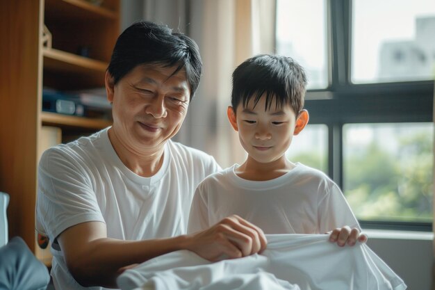 Foto ein glücklicher, stolzer vater hilft seinem sohn, ein t-shirt zu hause anzuziehen