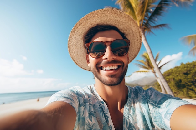 Ein glücklicher Tourist in einer Sonnenbrille macht ein Selfie-Selbstporträt am Strand. Ein lächelnder Mann im Urlaub.