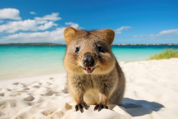 Ein glücklicher und flauschiger Quokka am sonnigen Strand der Insel Rottnest