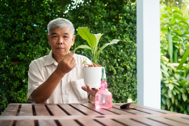 Ein glücklicher und lächelnder asiatischer alter älterer Mann pflanzt nach dem Ruhestand in einem Haus für ein Hobby. Konzept eines glücklichen Lebensstils und einer guten Gesundheit für Senioren.