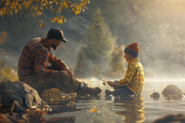 Ein glücklicher Vater lehrt seinen Sohn, wie man mit Köder fischert