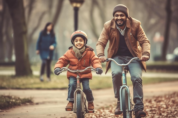 Ein glücklicher Vater und seine Tochter fahren an einem sonnigen Tag im Herbstpark mit dem Fahrrad.