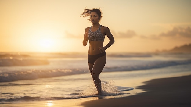 Ein glückliches, 20-jähriges Fitness-Mädchen, das mit generativer KI am Strand läuft