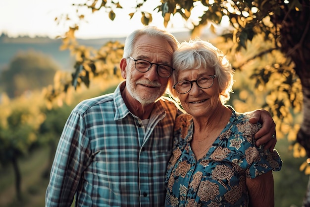 Foto ein glückliches älteres ehepaar steht friedlich auf dem feld
