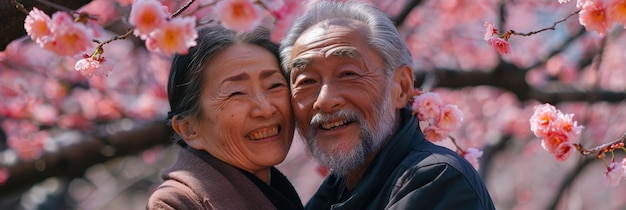 Ein glückliches älteres japanisches Ehepaar lächelt und umarmt sich unter einem Kirschblütenbaum