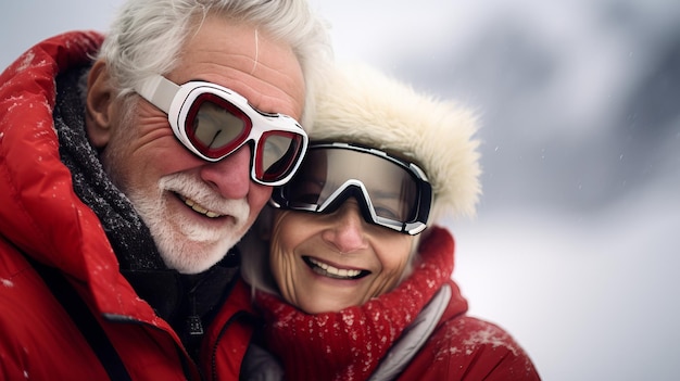 Ein glückliches älteres Paar, das im Skigebiet mit verschwommenem Hintergrund und Kopierraum Skifahren genießt