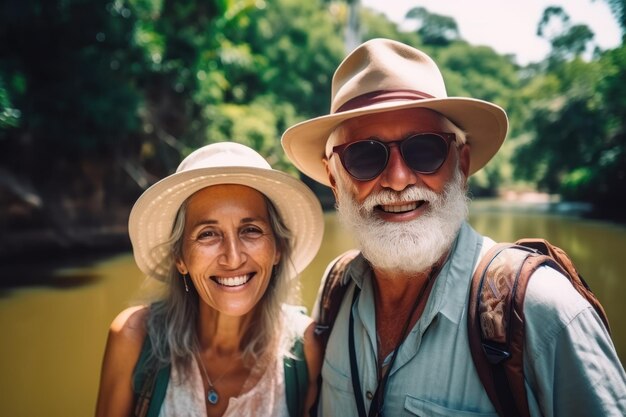 ein glückliches älteres Paar, ein Mann und eine Frau, die sich mit großen Rucksäcken umarmen und im Ruhestand reisen