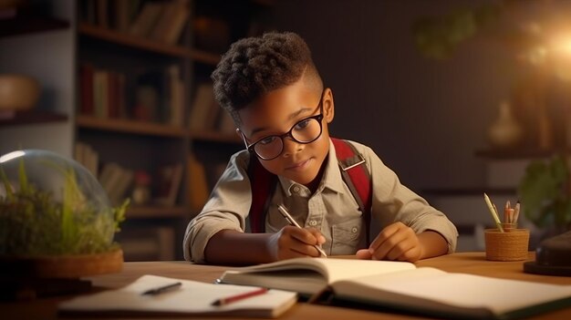 Foto ein glückliches afrikanisch-amerikanisches kind, ein schuljunge, der hausaufgaben macht, während er zu hause am schreibtisch sitzt