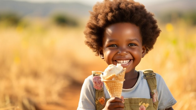Foto ein glückliches afrikanisches kind isst eis in einem armen afrikanischen dorf. hunger und hunger sind ein problem.