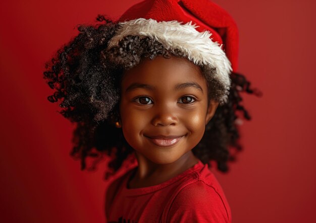 Ein glückliches afroamerikanisches Baby trägt einen Weihnachtsmannshut im Weihnachten-Hintergrund