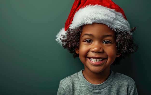 Ein glückliches afroamerikanisches Kind trägt einen Weihnachtsmannshut im Weihnachten-Hintergrund