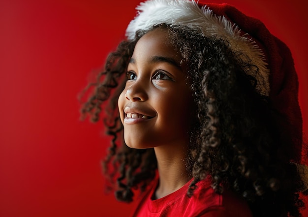 Ein glückliches afroamerikanisches Kind trägt einen Weihnachtsmannshut im Weihnachten-Hintergrund