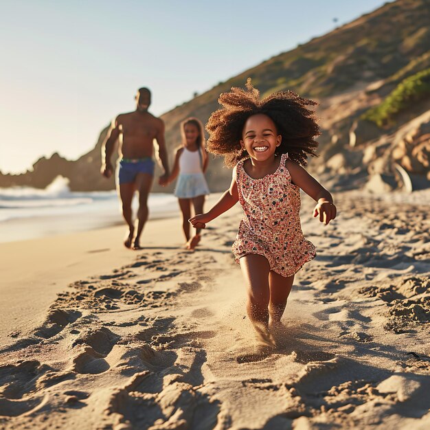 Ein glückliches afroamerikanisches Mädchen läuft wieder auf dem Sand Ai generative