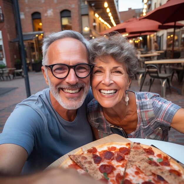 Ein glückliches altes Ehepaar amüsiert sich beim gemeinsamen Essen einer Pizza im Freien in einem traditionellen italienischen Pizzeria-Restaurant, sitzt und redet und lacht.