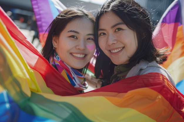 Ein glückliches asiatisches lesbisches Paar umarmt sich unter der LGBTQ-Pride-Flagge