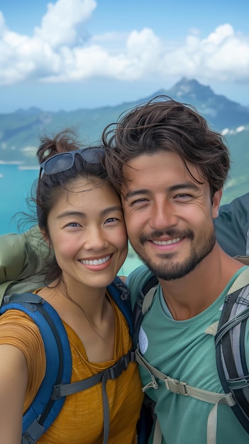 Ein glückliches asiatisches Wandererpaar macht ein Selfie-Porträt auf dem Gipfel eines Berges im vertikalen Format