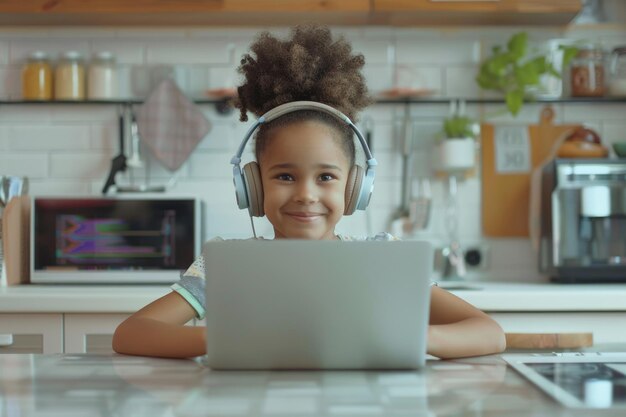 Ein glückliches bi-rassisches Mädchen studiert online mit einem Laptop in der Küche