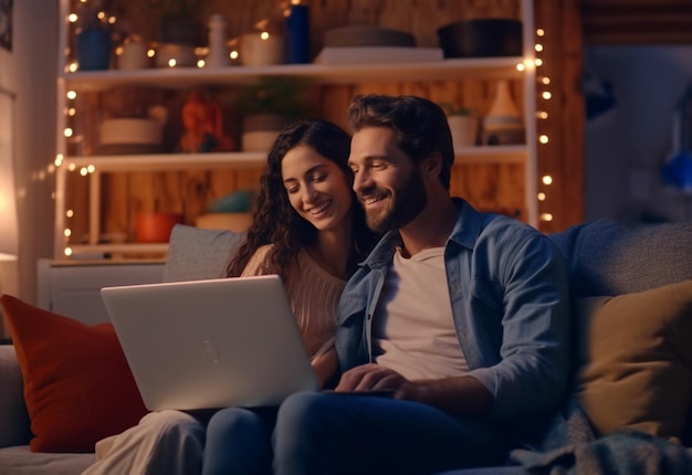 Ein glückliches Familienpaar mit generativer KI macht Online-Einkäufe mit Laptop und Kreditkarte zu Hause im Bett