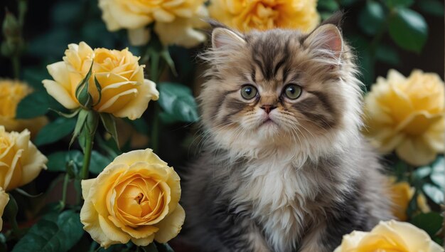 Ein glückliches, flauschiges, junges, schönes Kätzchen, umgeben von frischen gelben Blumen.