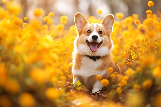 Ein glückliches Foto eines Welsh Corgi Pembroke Hundes, umgeben von gelben Blumen