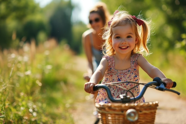 Ein glückliches, fröhliches Kind fährt mit seiner Mutter im Park Fahrrad