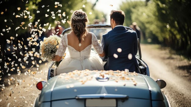 Ein glückliches Hochzeitspaar in einem frisch verheirateten Auto auf einer Landstraße