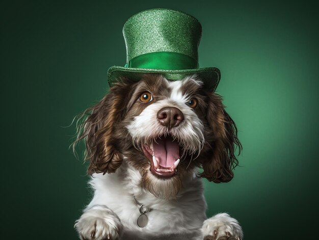 Ein glückliches Hundeporträt mit einem Hut für den St. Patrick's Day auf einem grünen Hintergrund