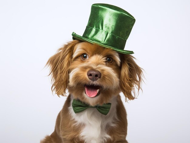 Foto ein glückliches hundeporträt mit einem hut für den st. patrick's day auf weißem hintergrund