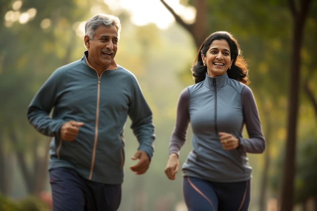 Ein glückliches indisches Seniorenpaar joggt oder geht im Park spazieren