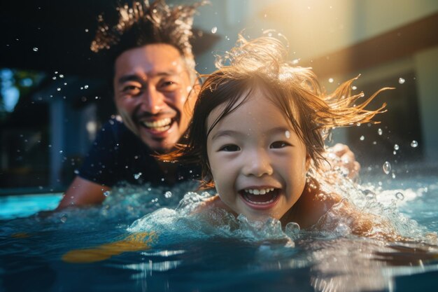 Foto ein glückliches junges asiatisches mädchen lernt mit seinem vater schwimmen