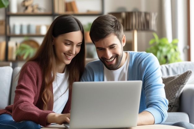 Ein glückliches junges Ehepaar schaut zusammen im gemütlichen Heimbüro auf den Laptop