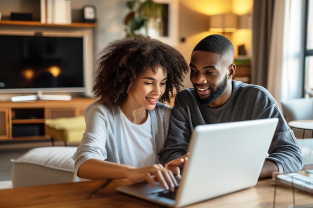 Ein glückliches junges Ehepaar schaut zusammen im gemütlichen Heimbüro auf den Laptop