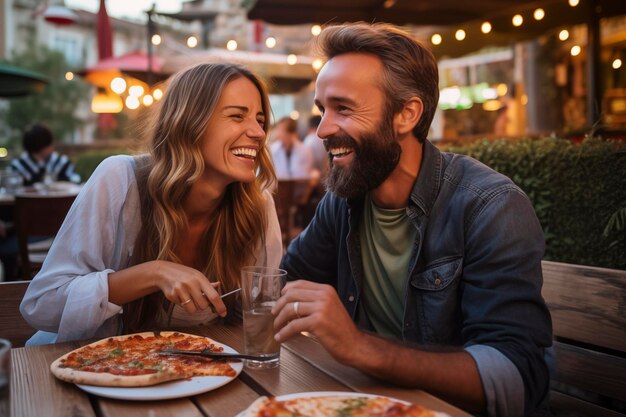 Ein glückliches junges erwachsenes Paar amüsiert sich beim gemeinsamen Essen einer Pizza im Freien in einem traditionellen italienischen Pizzeria-Restaurant, sitzt und redet und lacht, Menschen genießen Essen und Dating-Beziehungen, Touristen