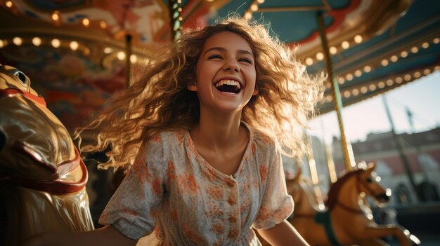 Ein glückliches junges Mädchen, das seine Begeisterung auf einem bunten Karussell zum Ausdruck bringt