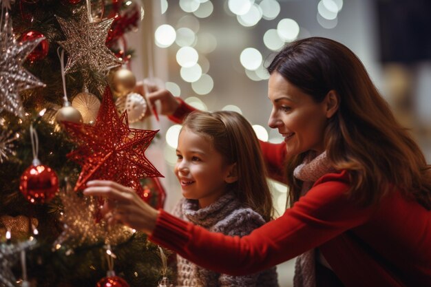 Ein glückliches junges Mädchen und ihre Mutter schmücken mit generativer KI einen Weihnachtsbaum mit einem Stern