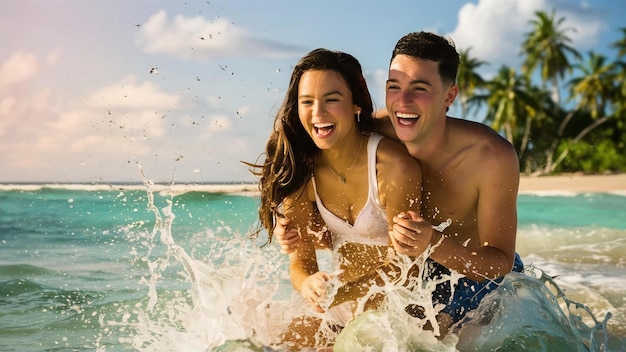Ein glückliches junges Paar genießt das Meer