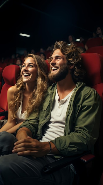 Ein glückliches junges Paar im Kino beobachtet einen aufregenden Film.