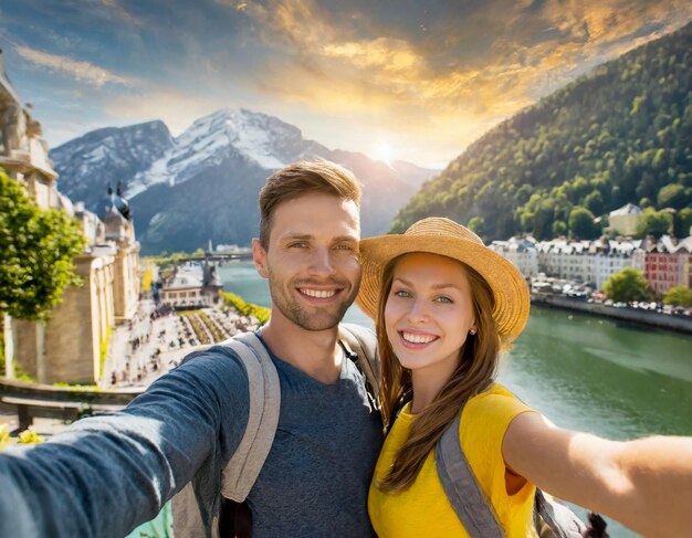 Ein glückliches junges Paar macht ein Selfie zusammen im Urlaub in einer Bergstadt