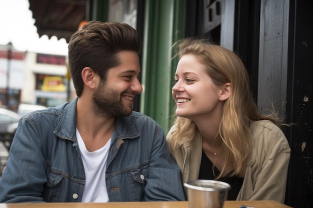 Ein glückliches junges Paar macht eine Pause von seinem mit generativer KI kreierten Mittagessen im Café