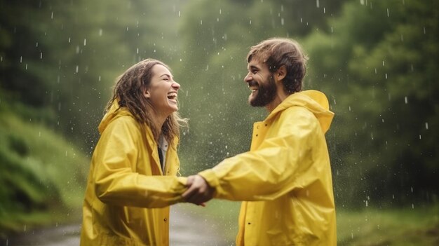 Foto ein glückliches junges paar mit einem gelben regenmantel, das spaß hat, mit dem regen im abendsonnenlicht zu spielen