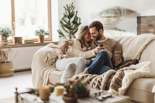 Foto ein glückliches junges paar umarmt sich und schaut sich im innenraum des hauses an