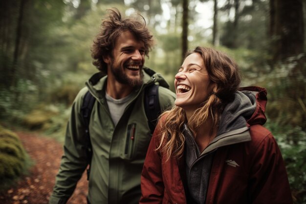 Foto ein glückliches junges paar wanderer, das im wald im bokeh-stil wandert