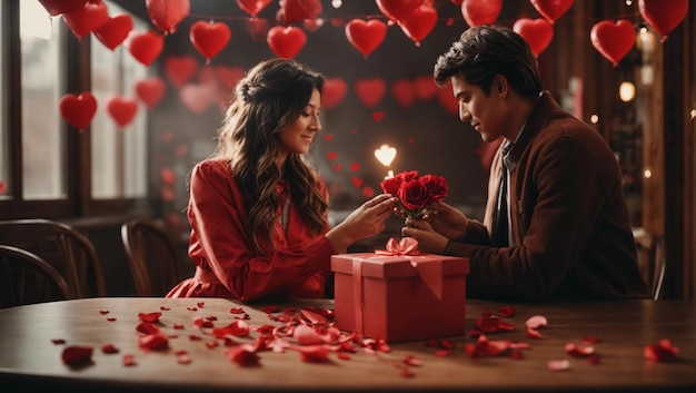 Foto ein glückliches junges verliebtes paar mit herzförmigen ballons auf rotem hintergrund feiert valentinstag