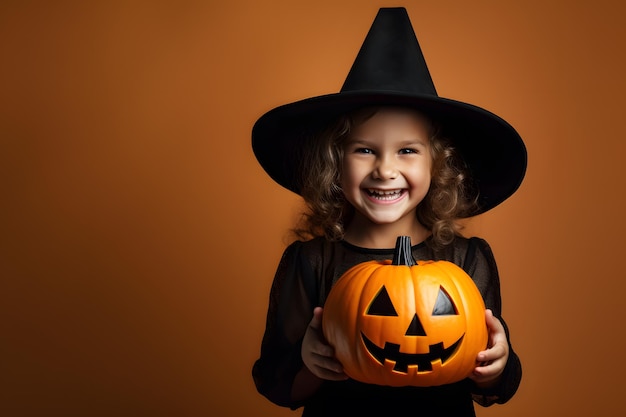 ein glückliches kaukasisches Kind, ein Mädchen, das ein Halloween-Hexen-Kostüm trägt und einen Jack-O-Lantern-Kürbis hält