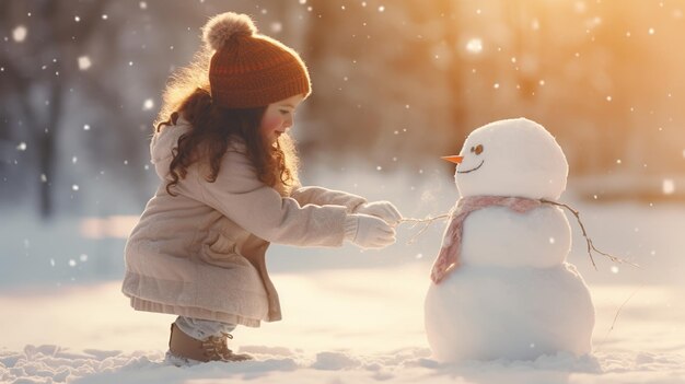 ein glückliches Kind, das mit einem Schneemann auf einem schneebedeckten Winterspaziergang spielt