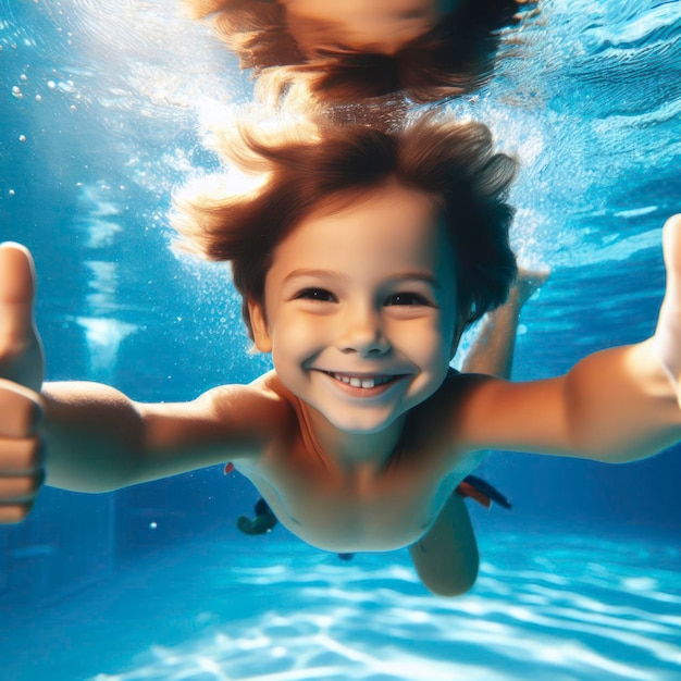 Ein glückliches Kind, das unter Wasser schwimmt und sich amüsiert, eine glückliche Kindheit und Sommerferien.